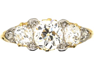 Edwardian 18ct Gold & Platinum, Three Stone Diamond Carved Half Hoop Ring