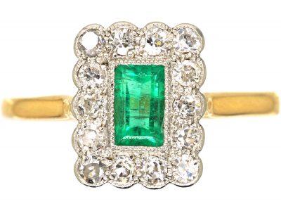 Early 20th Century 18ct Gold & Platinum, Emerald & Diamond Rectangular Shaped Ring