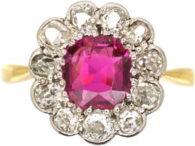 Edwardian 18ct Gold & Platinum, Burma Ruby & Diamond Cluster Ring