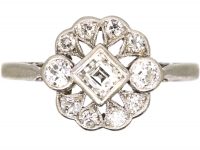 Edwardian Platinum, Diamond Cluster Ring with Square Diamond in the Centre