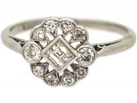 Edwardian Platinum, Diamond Cluster Ring with Square Diamond in the Centre