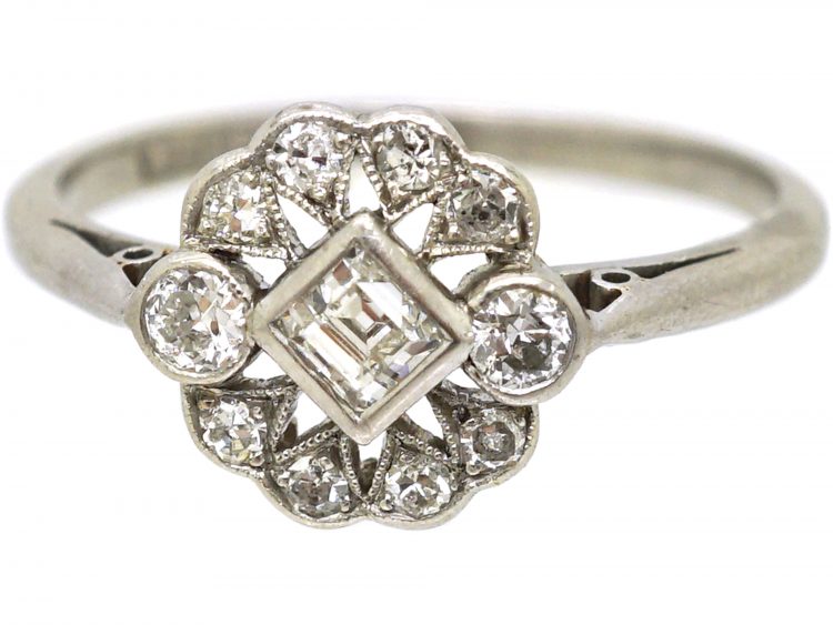 Edwardian Platinum, Diamond Cluster Ring with Square Diamond in the Centre