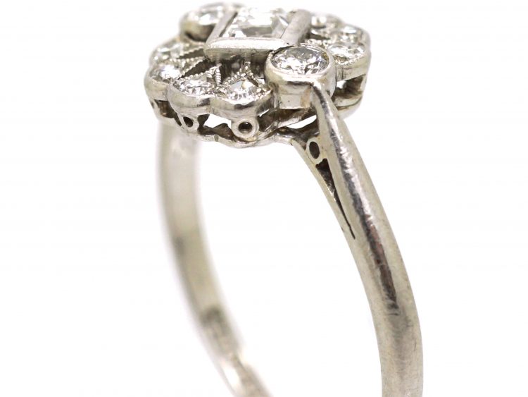 Edwardian Platinum, Diamond Cluster Ring with Square Diamond in the Centre