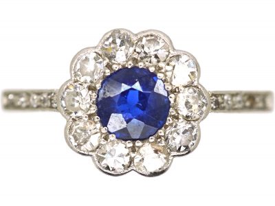 Edwardian 18ct Gold & Platinum, Sapphire & Diamond Cluster Ring with Angled Diamond Set Shoulders