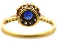 Edwardian 18ct Gold & Platinum, Sapphire & Diamond Cluster Ring with Angled Diamond Set Shoulders