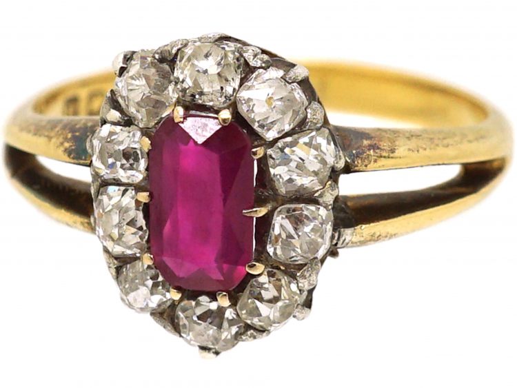 Edwardian 18ct Gold, Burma Ruby & Diamond Oval Cluster Ring