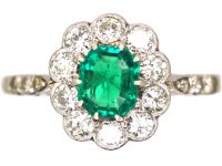 Edwardian Platinum, Diamond & Emerald Cluster Ring with Diamond Set Shoulders