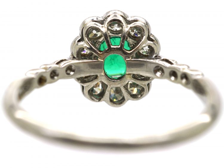 Edwardian Platinum, Diamond & Emerald Cluster Ring with Diamond Set Shoulders