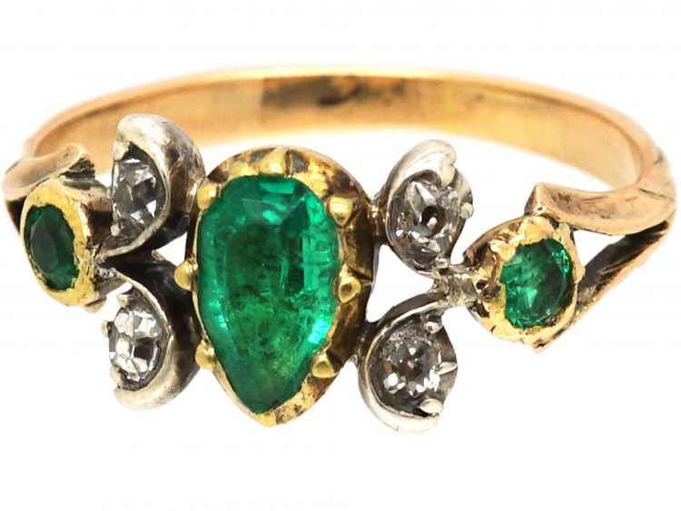 Georgian 18ct Gold & Silver, Pear Shaped Emerald & Diamond Ring