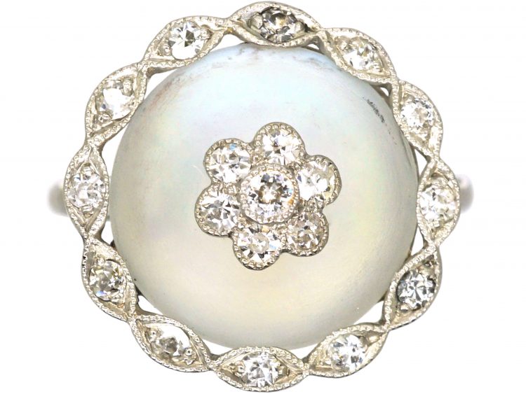 Edwardian 18ct Gold & Platinum, Moonstone & Diamond Cluster Ring