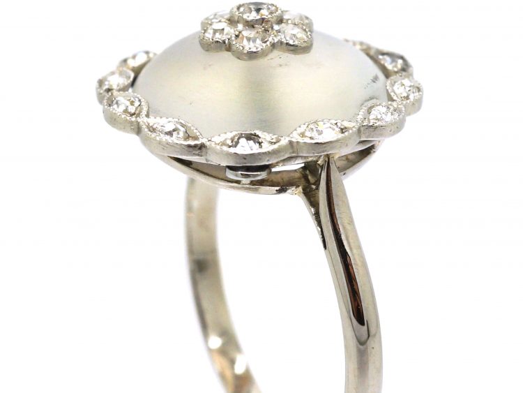 Edwardian 18ct Gold & Platinum, Moonstone & Diamond Cluster Ring