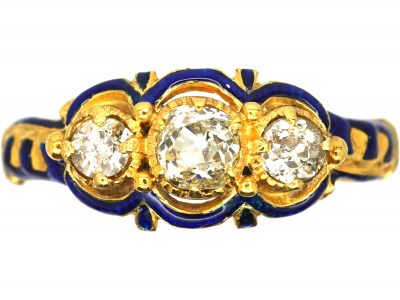 Georgian 18ct Gold & Blue Enamel, Three Stone Diamond Ring
