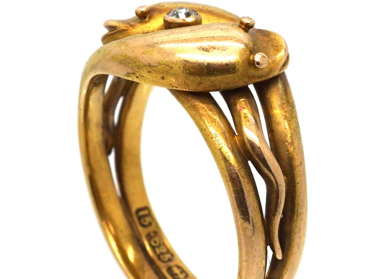 Victorian 15ct Gold Double Snake Ring set with a Diamond