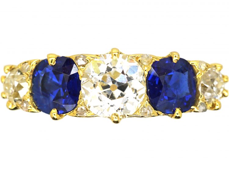 Victorian 18ct Gold Five Stone Sapphire & Diamond Carved Half Hoop Ring