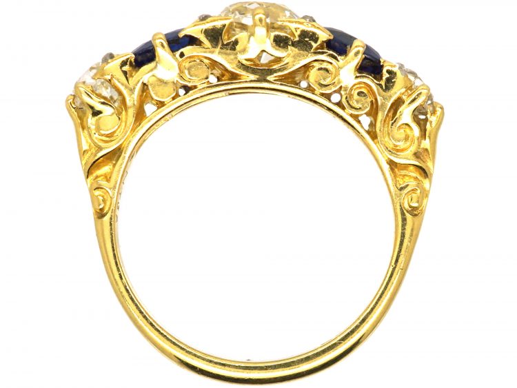 Victorian 18ct Gold Five Stone Sapphire & Diamond Carved Half Hoop Ring