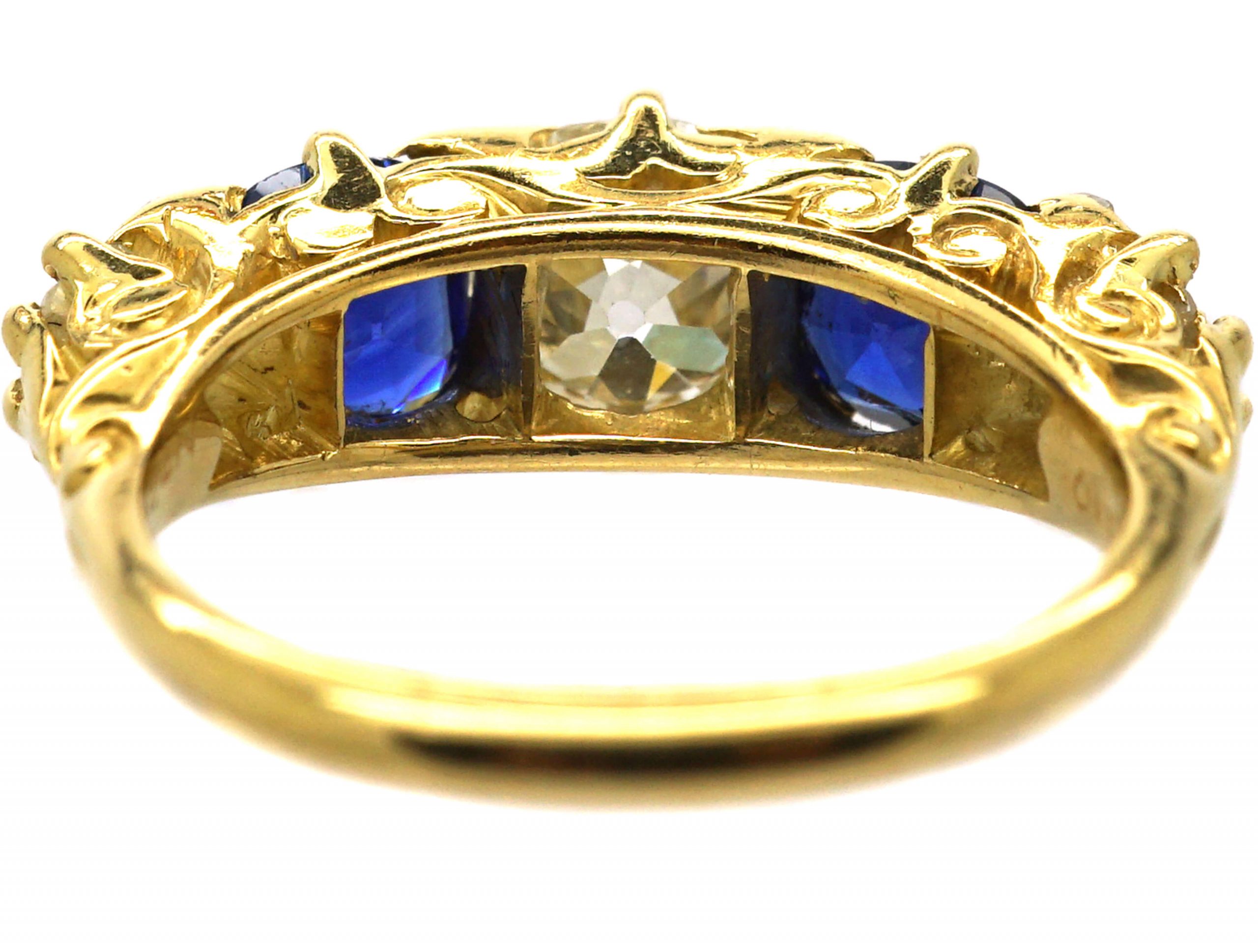 Victorian 18ct Gold Five Stone Sapphire & Diamond Carved Half Hoop Ring ...