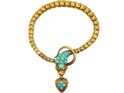 Victorian 18ct Gold Snake Bracelet set with Turquoise & Rose Diamond Eyes