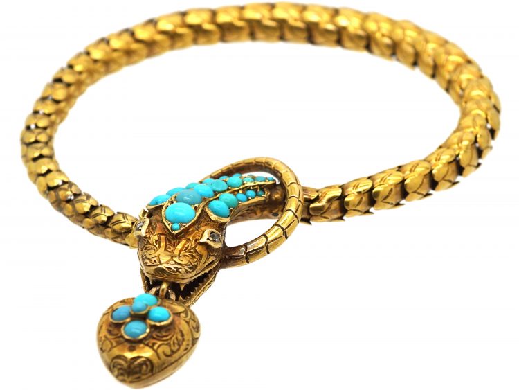 Victorian 18ct Gold Snake Bracelet set with Turquoise & Rose Diamond Eyes