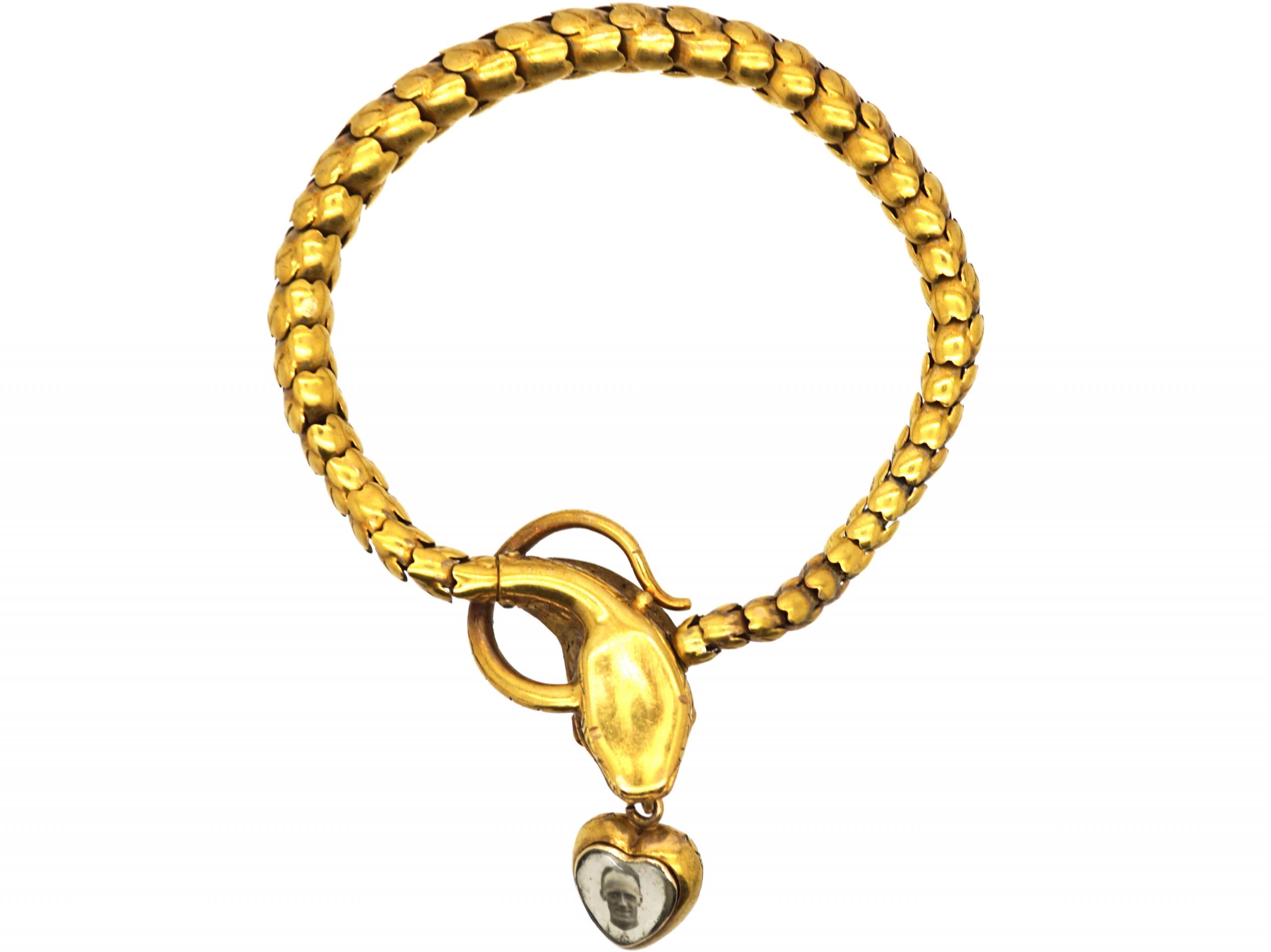 Victorian 18ct Gold Snake Bracelet set with Turquoise & Rose