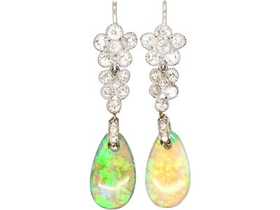 Edwardian 18ct White Gold, Opal & Diamond Drop Earrings in Original Case