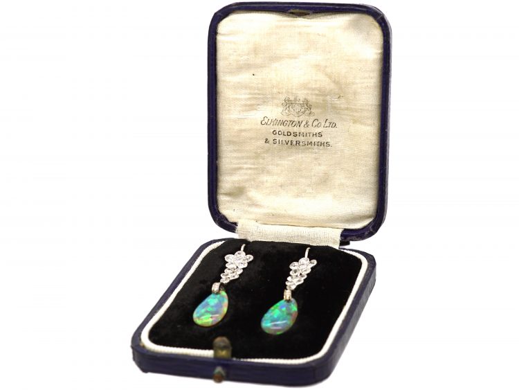 Edwardian 18ct White Gold, Opal & Diamond Drop Earrings in Original Case