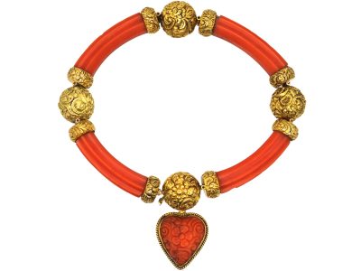 Georgian 18ct Gold & Coral Bracelet with Heart Drop in Original Case