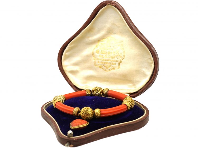 Georgian 18ct Gold & Coral Bracelet with Heart Drop in Original Case
