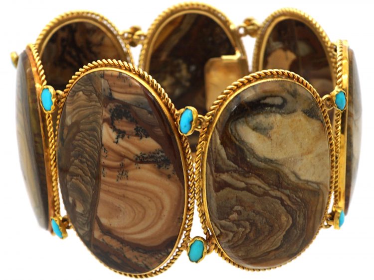 French 19th Century Brown Agate & Turquoise Bracelet