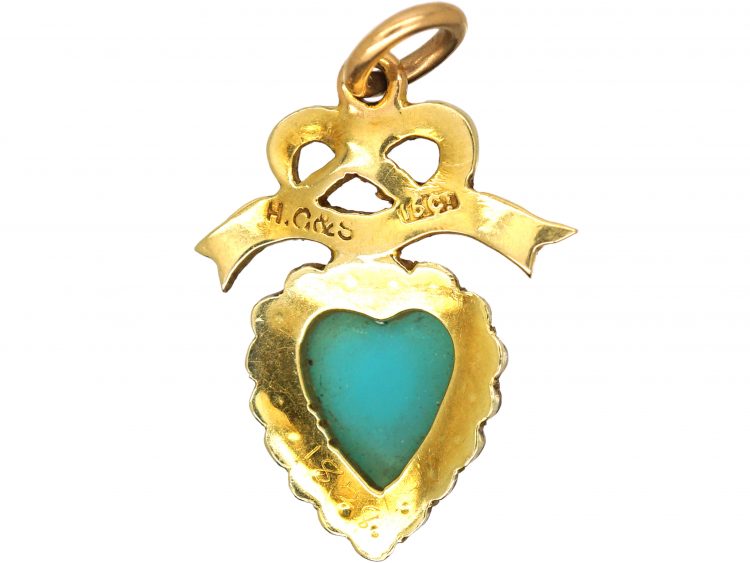 Edwardian 15ct Gold Chrysoprase  & Natural Split Pearl Heart & Bow Pendant