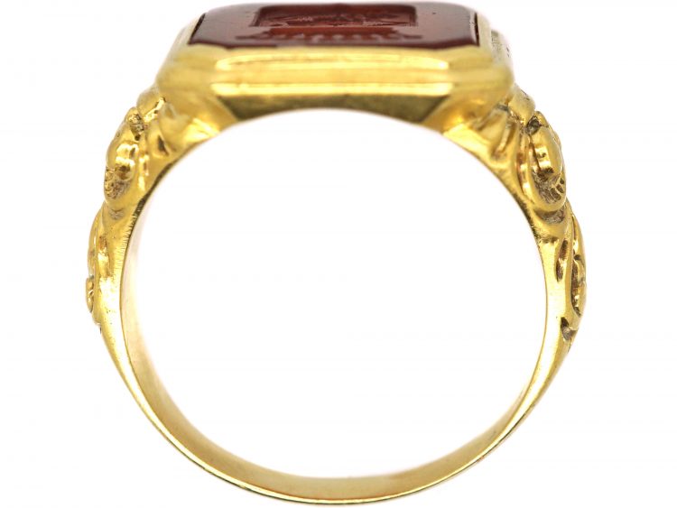 Spanish 19th Century 18ct Gold Signet Ring set with a Carnelian with Intaglio of a Crest with Coronet Detail