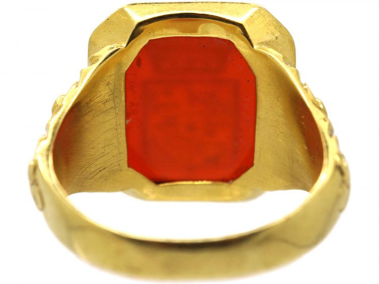Spanish 19th Century 18ct Gold Signet Ring set with a Carnelian with Intaglio of a Crest with Coronet Detail