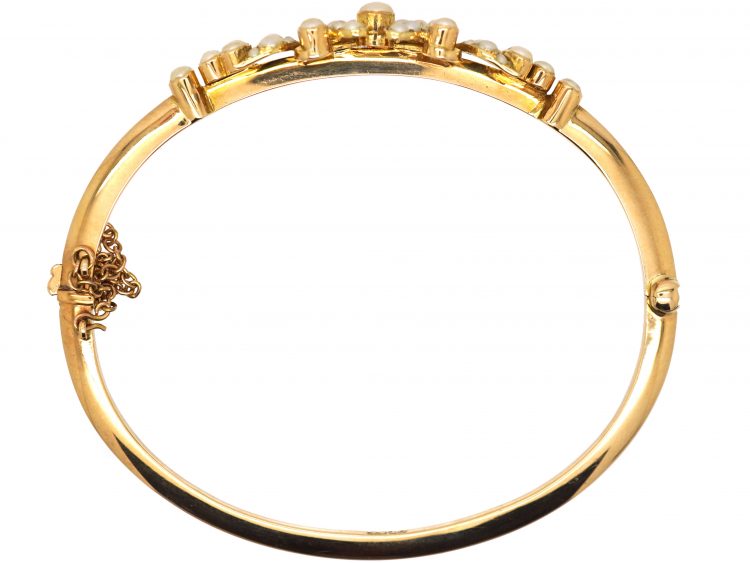 Edwardian 15ct Gold Bangle with Horseshoe Motif set with Natural Split Pearls
