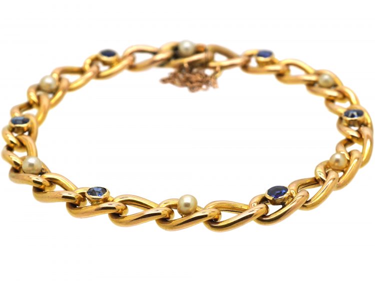 French Early 20th Century 18ct Gold, Sapphire & Natural Pearl Bracelet