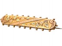 Victorian 9ct Three Colour Gold Bar Brooch with Floral Motifs