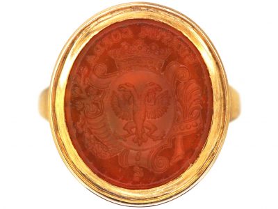 Georgian 15ct Gold Signet Ring with Carnelian Intaglio of a Crest with Earl’s Coronet