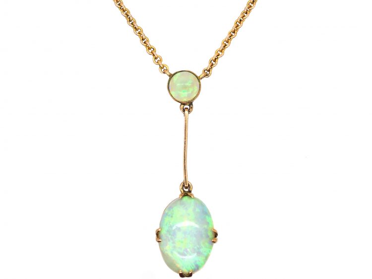 Edwardian 9ct Gold Two Stone Opal Drop Necklace