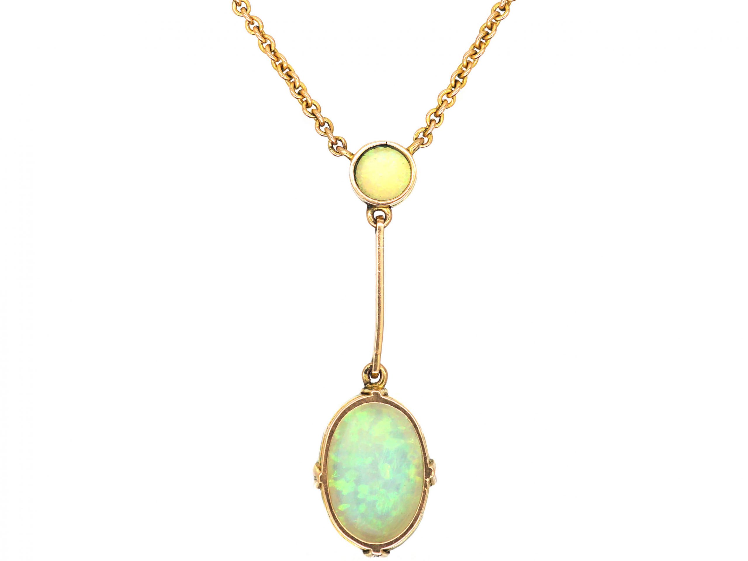 Edwardian 9ct Gold Two Stone Opal Drop Necklace (429W) The Antique
