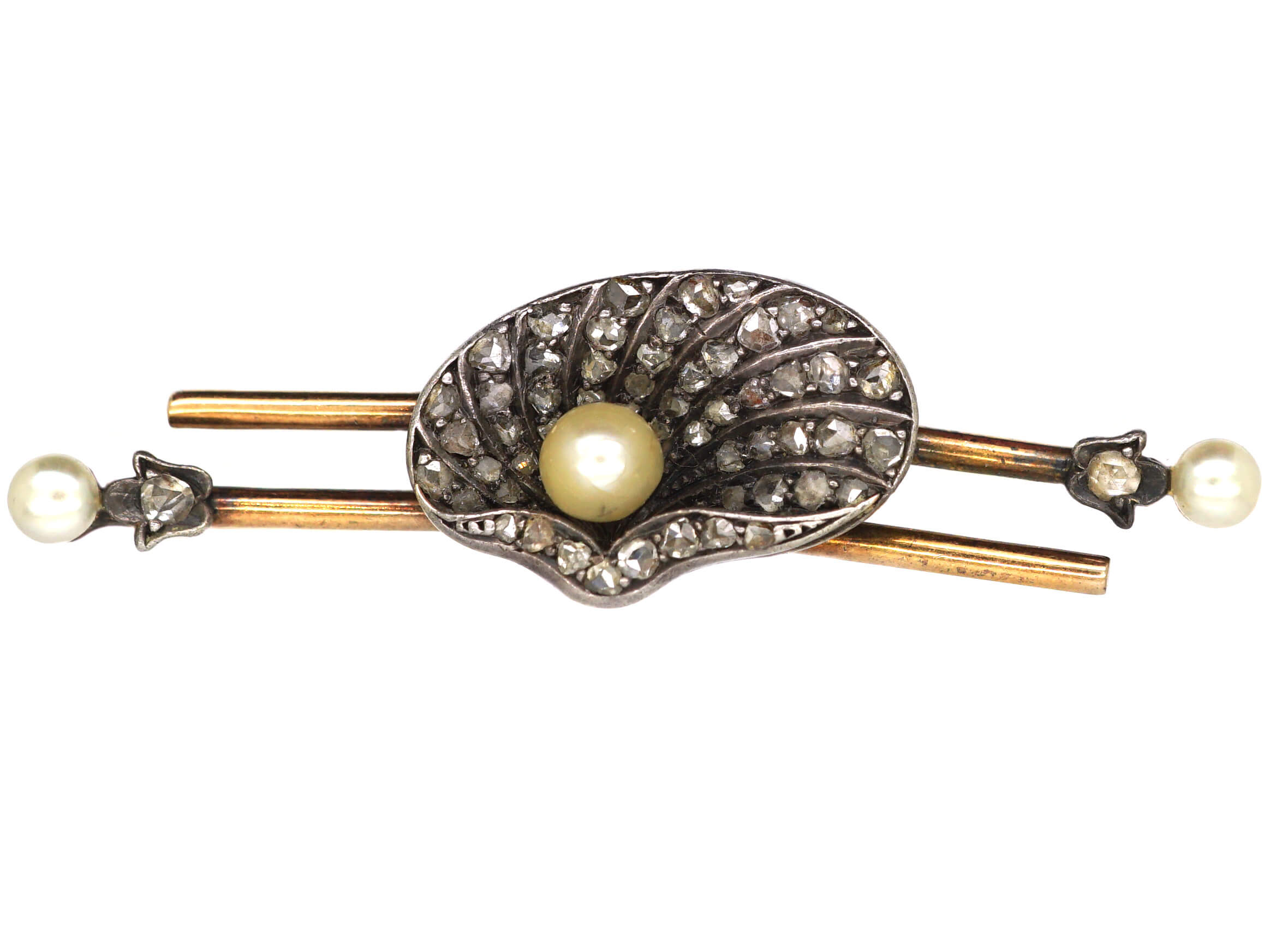 Edwardian Shell Brooch set with Rose Diamonds & a Natural Pearl (976U ...