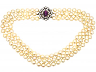 Three Row Large Cultured Pearl Necklace with Victorian Cabochon Amethyst & Diamond Clasp