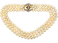 Three Row Large Cultured Pearl Necklace with Victorian Cabochon Amethyst & Diamond Clasp