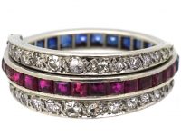 Art Deco 18ct White Gold Flip Over Ring set with Diamonds, Sapphires & Rubies