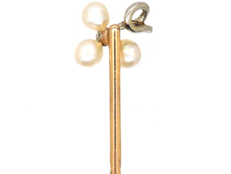 Edwardian Three Leaf Clover Tie Pin set with Natural Pearls & a Diamond