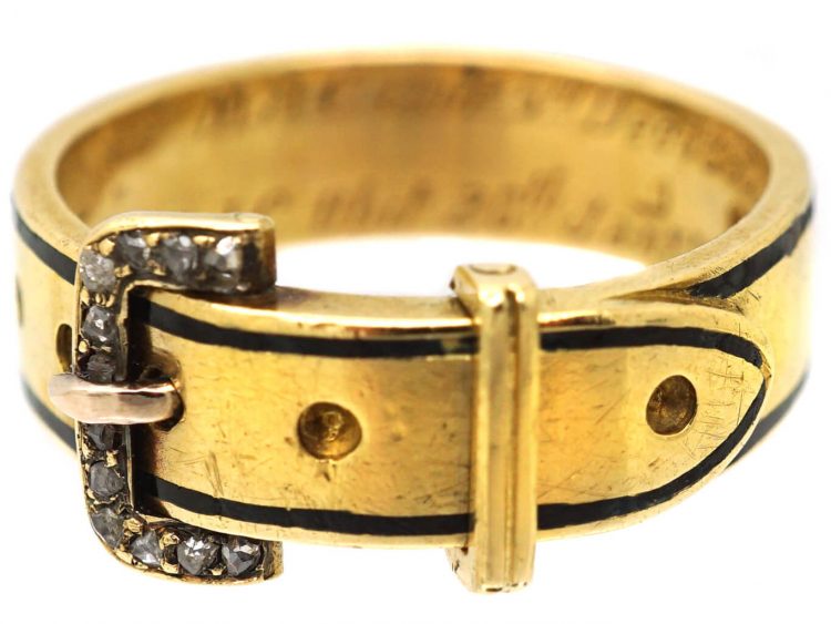 Victorian 18ct Gold, Black Enamel & Rose Diamond Buckle Ring