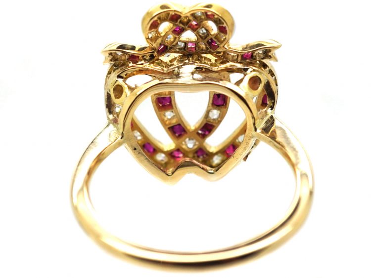 Edwardian 18ct Gold, Ruby & Diamond Double Heart Ring with Knot Above