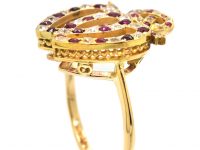 Edwardian 18ct Gold, Ruby & Diamond Double Heart Ring with Knot Above