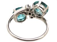 Art Deco Ring 18ct White Gold set with Two Zircons with Diamonds In Between