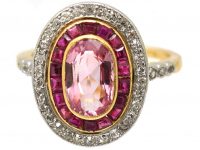 French Import Early 20th Century 18ct Gold & Platinum, Pink Sapphire, Ruby & Diamond Cluster Ring