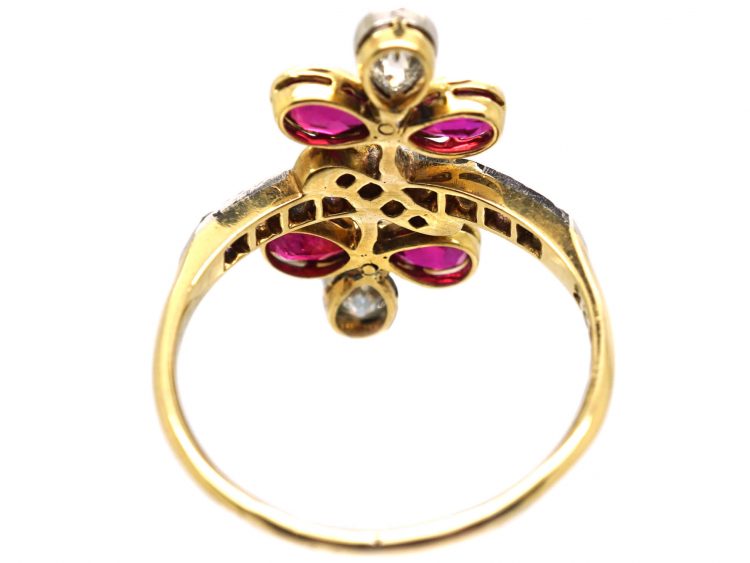 French Import 18ct Gold & Platinum, Art Nouveau Double Flower Ring set with Rubies & Diamonds