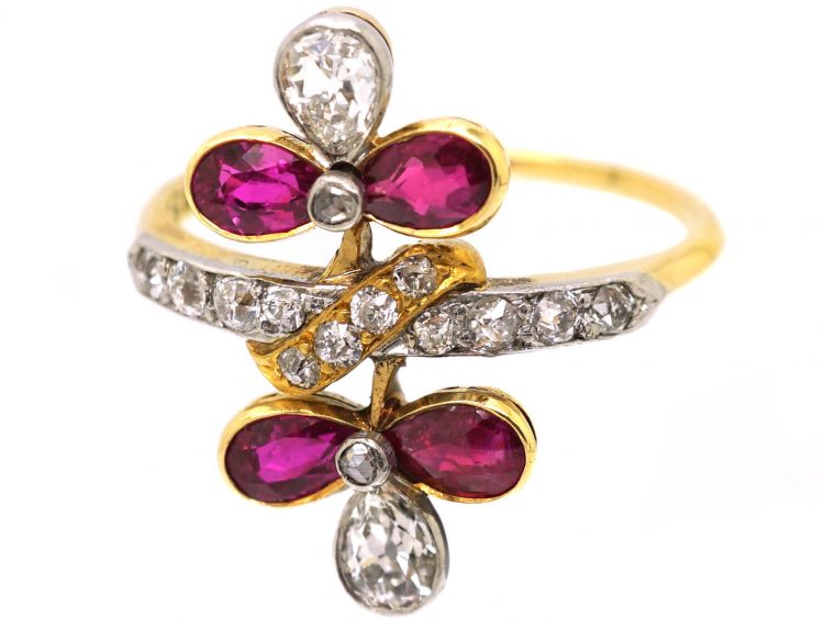 French Import 18ct Gold & Platinum, Art Nouveau Double Flower Ring set with Rubies & Diamonds