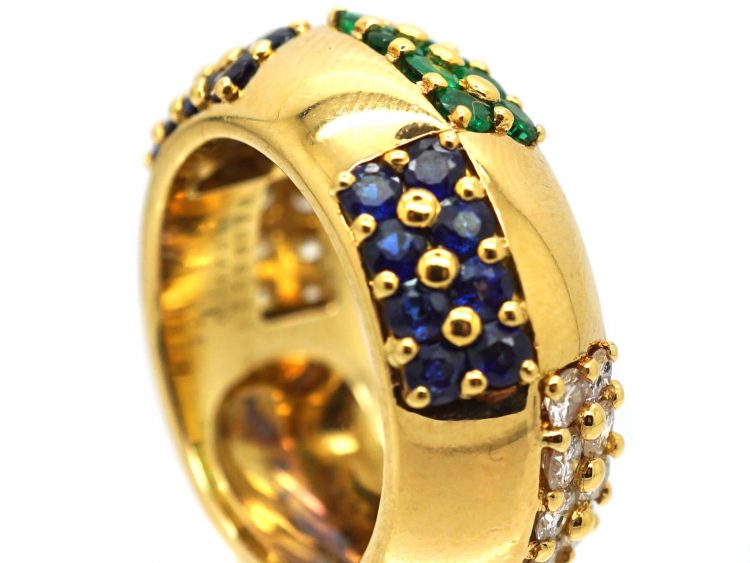 1970s 18ct Gold Ring by Mauboussin set with Diamonds, Emeralds & Sapphires